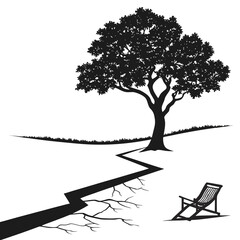Vector art of a solitary deck chair sits beside a cracked path leading to a lone tree on a