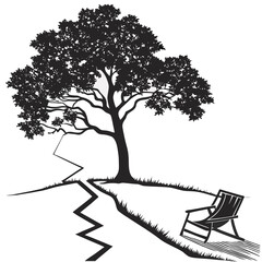 Vector art of silhouette of a lone tree with a winding path leading to an empty chair