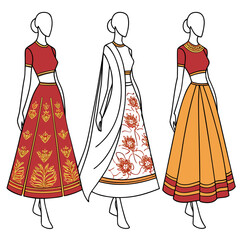 Vector art of three female mannequins displaying traditional indian lehenga choli outfits
