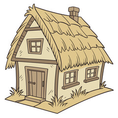 Vector art of charming cartoon illustration of a rustic thatchedroof cottage with a wooden door and windows, set against a neutral background