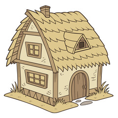 Vector art of charming cartoon illustration of a quaint thatchedroof cottage with a wooden door and windows, set against a