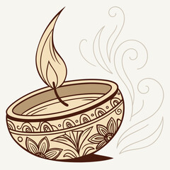 Vector art of traditional indian diya lamp with decorative patterns and a flame, isolated on a light background with floral motifs