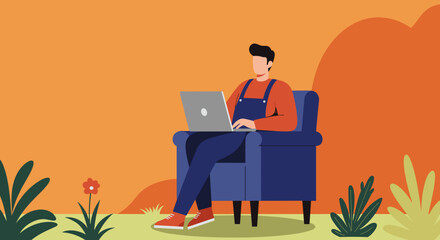 Man comfortably works on laptop outdoors illustrating remote productivity