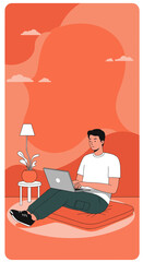 Young man working remotely on a laptop in a relaxed home setting Remote work freelancing lifestyle