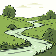 Vector art of a winding river flows through lush green hills under a cloudy sky, evoking a sense of natural beauty and tranquility