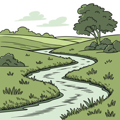 Vector art of a winding river flows through rolling green hills under a cloudy sky, with a large tree on the right