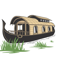 Vector art of traditional kerala houseboat floating on water with grass in foreground