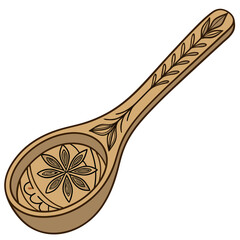 Vector art of hand carved wooden spoon with intricate floral patterns