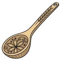 Vector art of handcarved wooden spoon with floral and leaf motifs