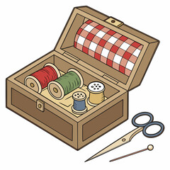 Vector art of sewing kit with spools of thread, scissors, and needle in a wooden box