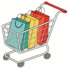 Vector art of a shopping cart filled with colorful shopping bags, isolated on a