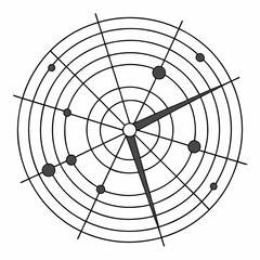 Vector art of abstract radar screen with clock hands and dots