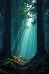 Mysterious Forest Shadows Ancient Trees shrouded in Darkness, Eerie Sunlight, Mystical Atmosphere, Perfect for Fantasy or Horror