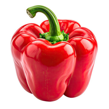 Vibrant red bell pepper, close up with green stem and texture, isolated on black