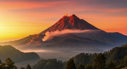 Mount Merapi at Sunrise - A Majestic Volcanic Landscape in Indonesia.