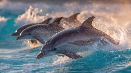 Fototapeta premium Spectacular Dolphins Surfing Waves in the Ocean, Showcasing Marine Life