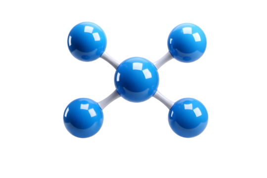 Molecular model of a central atom bonded to four surrounding atoms isolated on transparent background