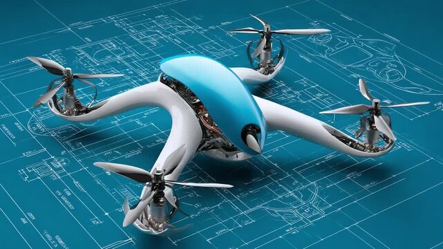 Drone blueprint: A futuristic drone rests upon a blueprint, symbolizing innovation, technology, and the intersection of design and functionality.