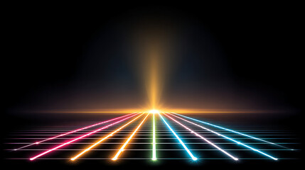n abstract image shows colorful, converging light beams against a black background
