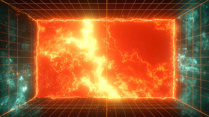 features a fiery explosion contained in a wireframe box, set against a nebula background.
