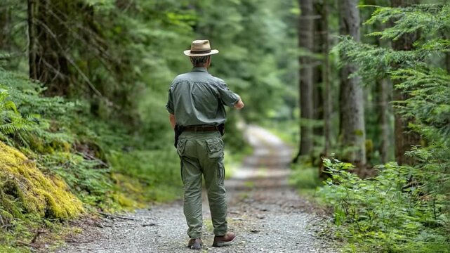 Forest Ranger on Nature Trail: A uniformed ranger strolls down a serene forest path, blending seamlessly with the natural surroundings, embodying a commitment to conservation and stewardship.