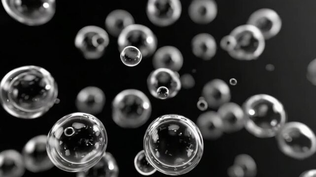 Bubbles Rising: Captivating image of transparent bubbles, their surfaces reflecting light, float upwards against a dark background, creating a mesmerizing visual.