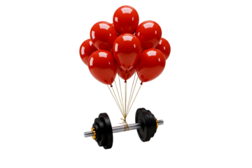 Cluster of red balloons lifting a dumbbell conceptual fitness and strength isolated on transparent background