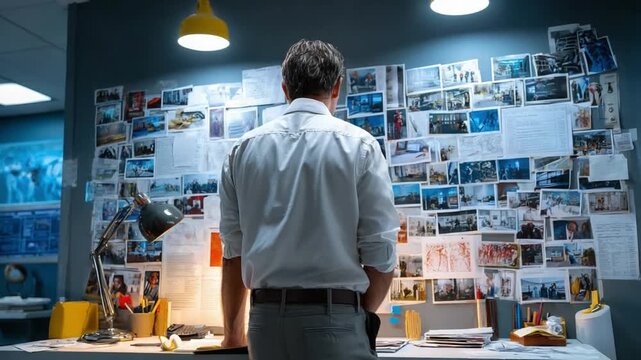 Detective's Investigation: A focused detective in a dimly lit office, surrounded by clues and evidence, contemplates a complex case, embodying the essence of deep thought and deductive reasoning.