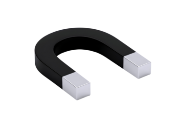 A black horseshoe magnet with white poles isolated on transparent background