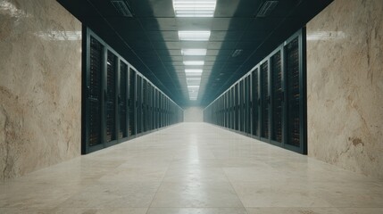 Data center corridor with servers, interior view, computing and technology concept