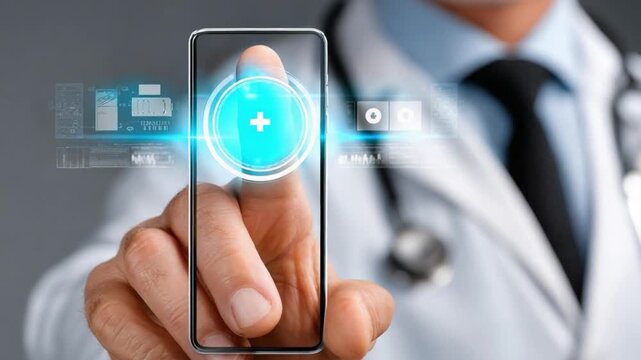 Digital healthcare: A doctor's touch activates advanced medical technology on a transparent display. A glimpse into the future of healthcare.