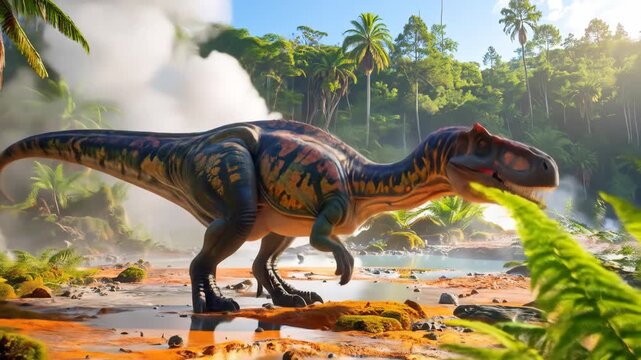 Realistic Dinosaur in a Lush Jungle Environment with Ferns and Trees.