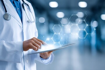 Doctor in a white coat holding a digital tablet with glowing hexagonal molecular structures, representing innovation, data, and scientific research in healthcare