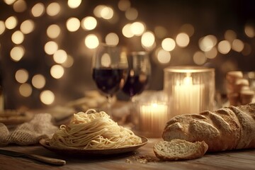 Spaghetti pasta, a bread loaf, and red wine glasses are placed on a wooden table, creating a warm, cozy, and inviting atmosphere for a romantic candlelit dinner