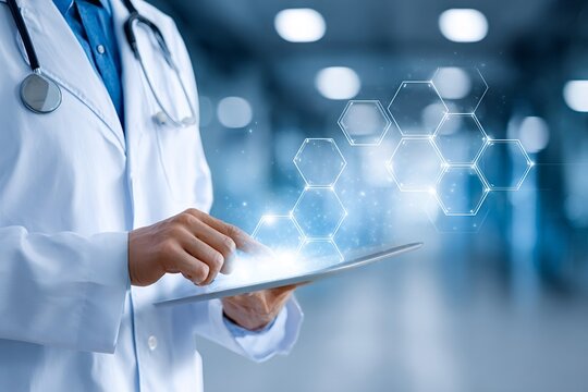 Doctor in a white coat holding a digital tablet with glowing hexagonal molecular structures, representing innovation, data, and scientific research in healthcare