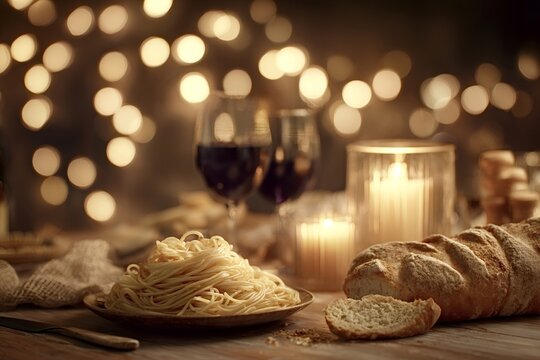 Spaghetti pasta, a bread loaf, and red wine glasses are placed on a wooden table, creating a warm, cozy, and inviting atmosphere for a romantic candlelit dinner - Powered by Adobe