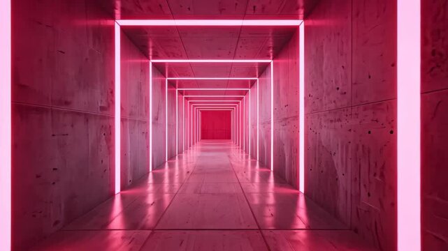 Illuminated Passage: A series of luminous, magenta-hued rectangles create a mesmerizing perspective down a sleek, concrete corridor, leading the eye towards a captivating vanishing point.