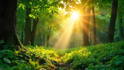 Golden Sunlight Streams Through Lush Forest Leaves, Creating a Tranquil and Serene Nature Scene Perfect for Calendars, Websites, and Peaceful Publication Designs.