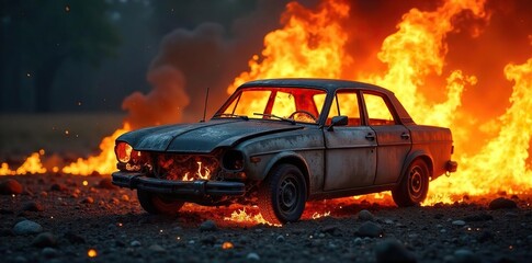 Fiery Inferno Engulfs Wrecked Car Dramatic Scene of Destruction and Devastation, Intense Flames Licking Twisted Metal, Ideal for Disaster, Accident, or Apocalyptic Themes.
