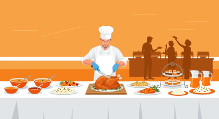 Chef Cutting Thanksgiving Roasted Chicken, Gourmet Delight, Festive Dining Experience