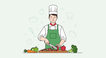 Chef cutting vegetables, concept of cooking and healthy eating in a kitchen illustration