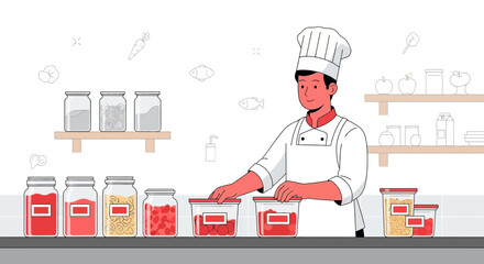 Chef Preparing Ingredients in Pantry for Culinary Creations Kitchen Illustration