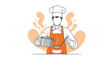 Chef Preparing Soup with Kitchenware in Minimalist Illustration Style for Design