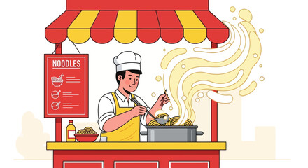 Chef Preparing Delicious Noodles At A Street Food Stall With A Colorful Design
