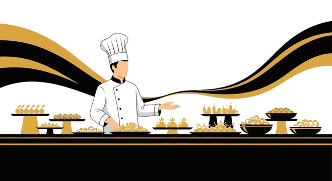 Chef presenting food buffet with various dishes ready for serving and catering event