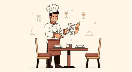 Chef Presenting Menu At Restaurant Table For Guests In Cartoon Or Illustration Style