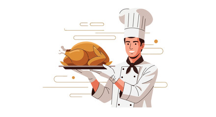 Chef presenting roast chicken on a tray ready to serve for dinner restaurant