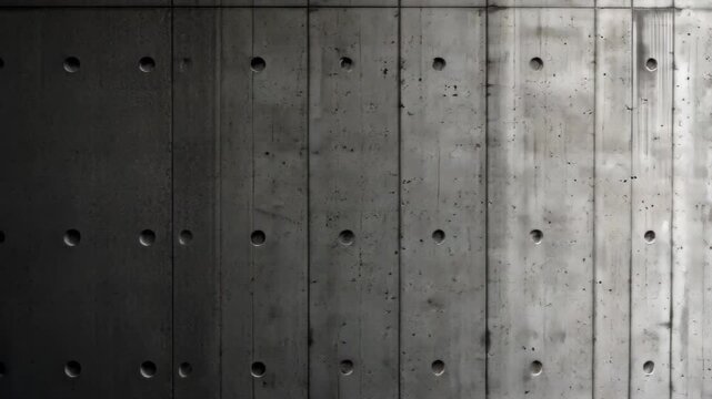 Textured Concrete Wall: A close-up perspective captures a striking concrete wall, showcasing a pattern of exposed aggregate and an array of evenly spaced holes. This raw.