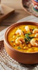 Delicious Brazilian Moqueca Stew with Shrimp and Vegetables Garnished with Parsley in a Rustic Bowl