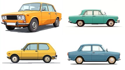 Four colorful, stylized, vintage vehicles are shown, each a different color, from the front and side views